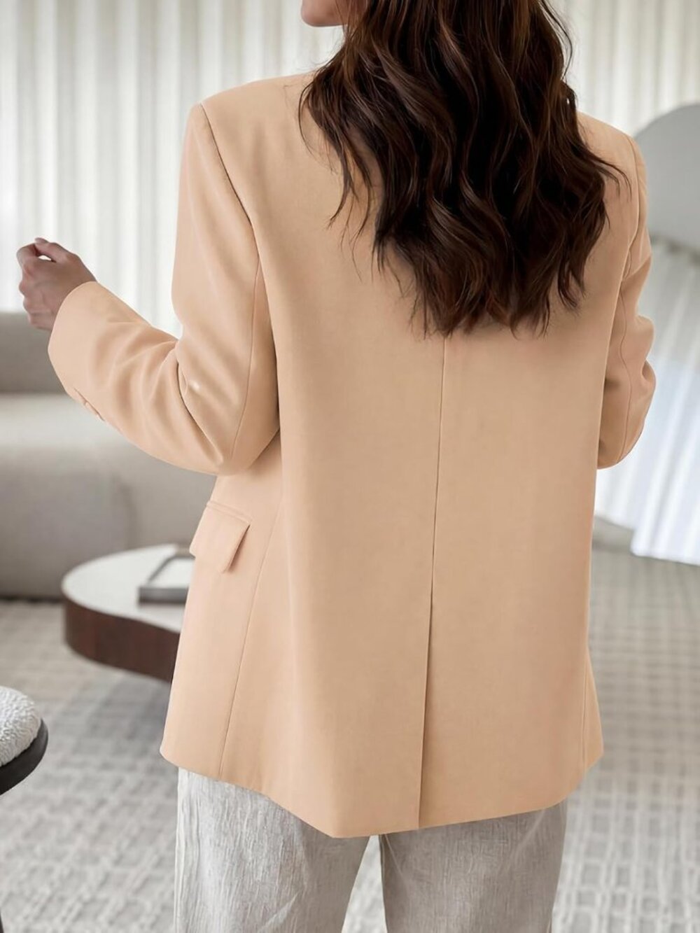 Women's Khaki Plaid Blazer Business Stand Collar Open Front Trendy Suit Jacket - Picture 4 of 6
